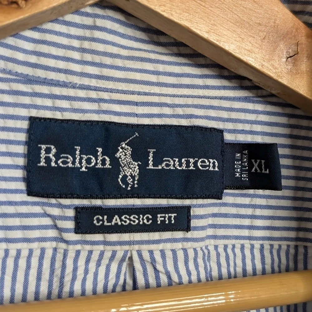 Polo Ralph Lauren Shirt Mens XL Seersucker Blue White Classic Fit PINK Pony